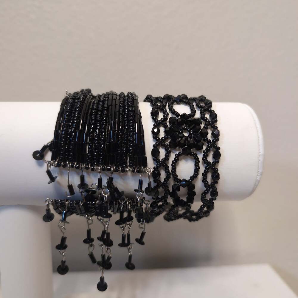 Whimsigoth Black Beaded Cuff and Toggle Bracelet Set